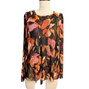 Ted Baker London Womens Large Floral Mesh Long Sleeve Sheer Top Black Orange NWT